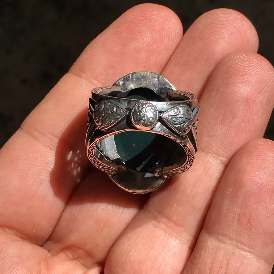 Bloodstone Mens Ring Unique Handmade Sterling Silver Natural Gemstone Heliotrope Turkish Jewelry