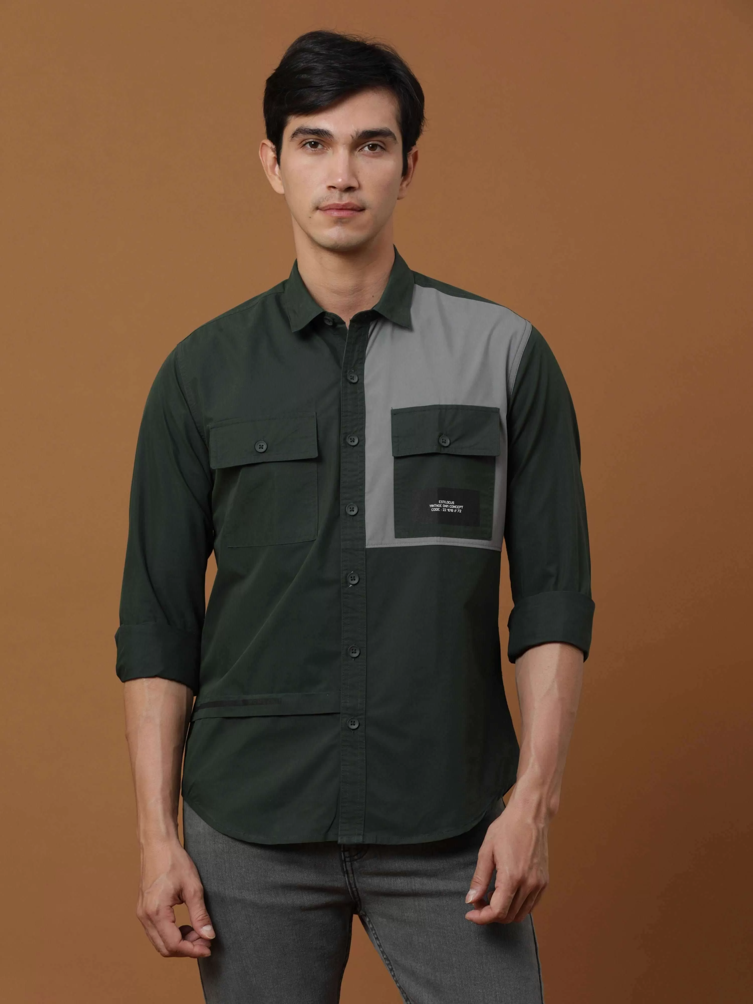 Bottle Green Contrast Patch Cargo Full Sleeve Shirt