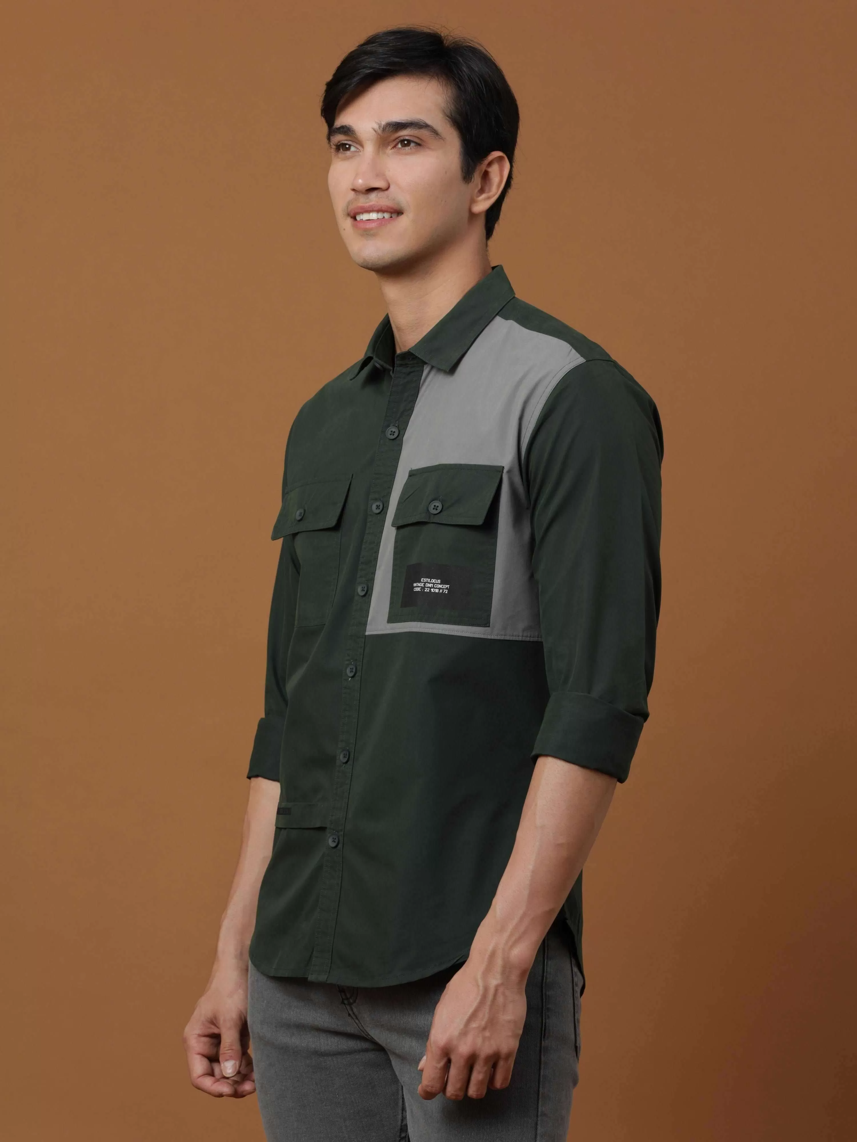 Bottle Green Contrast Patch Cargo Full Sleeve Shirt