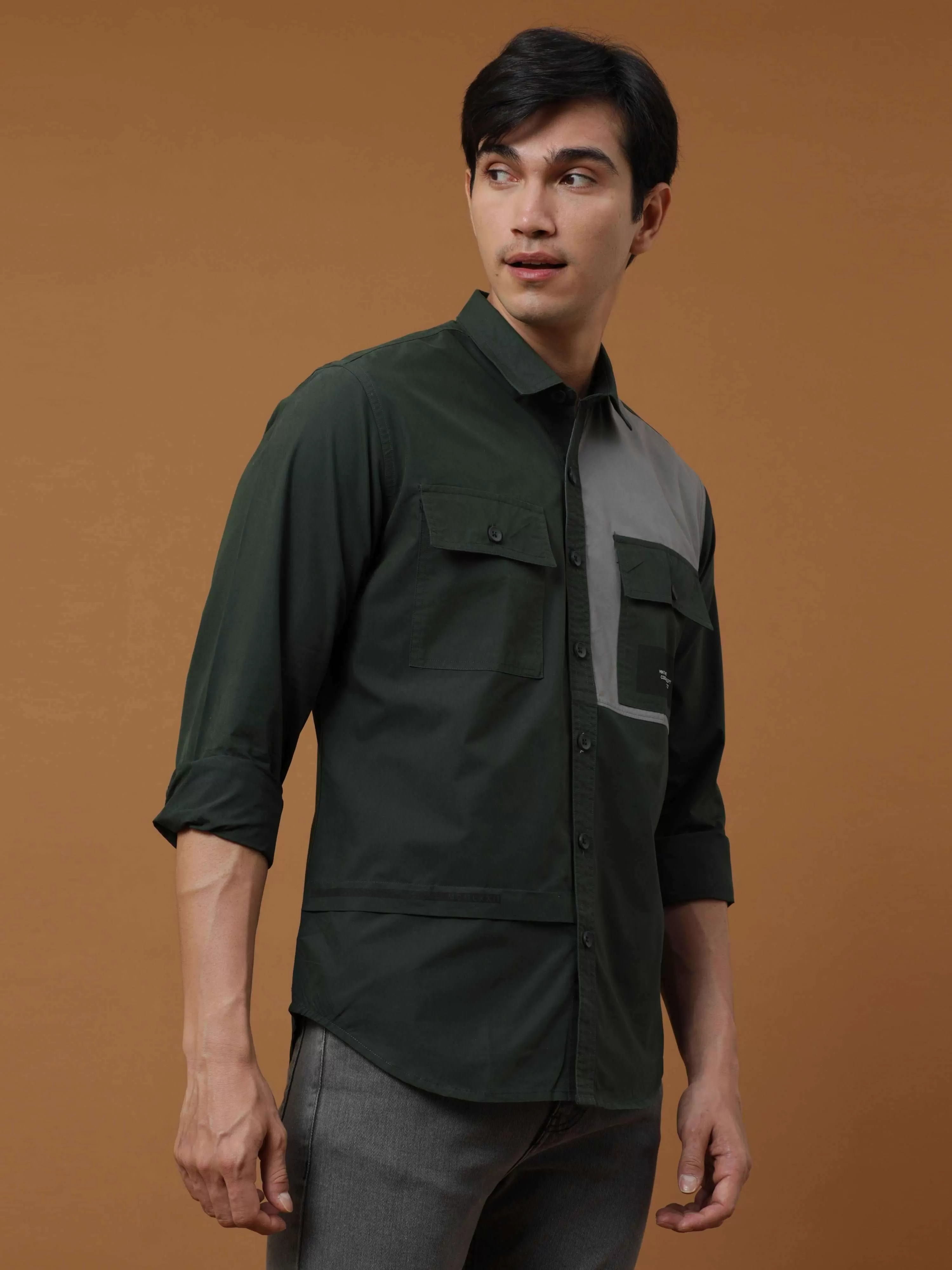 Bottle Green Contrast Patch Cargo Full Sleeve Shirt