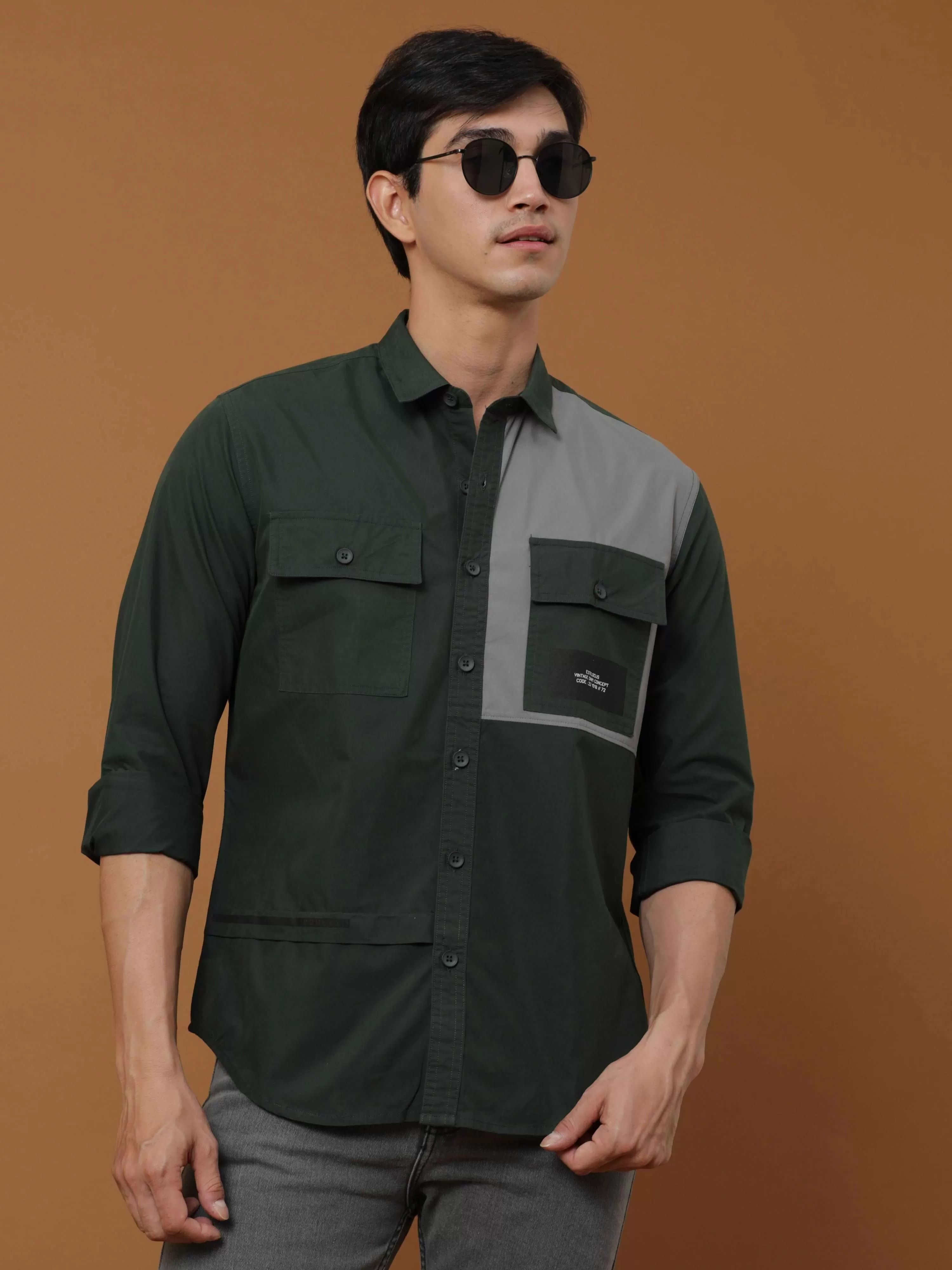 Bottle Green Contrast Patch Cargo Full Sleeve Shirt