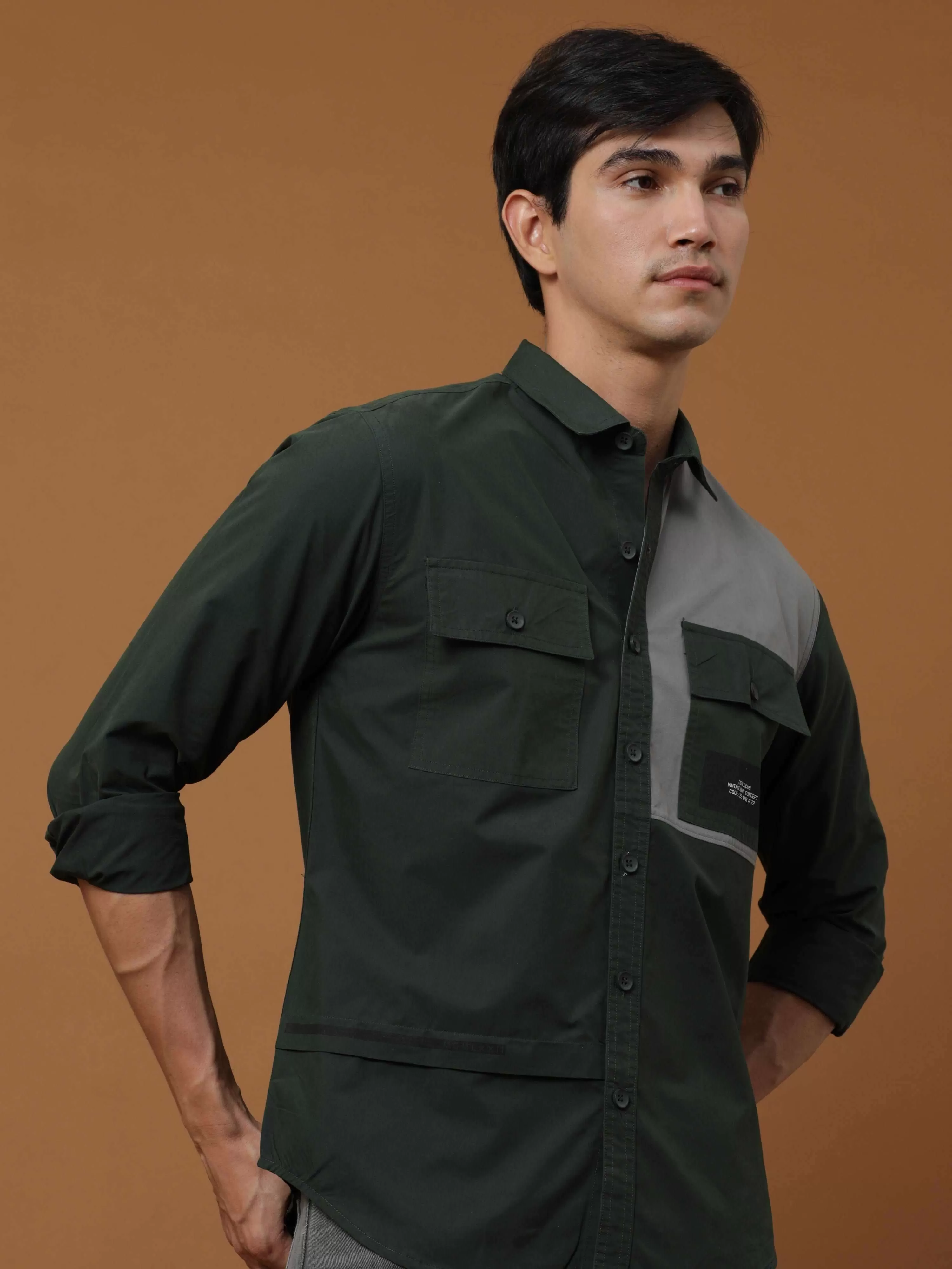 Bottle Green Contrast Patch Cargo Full Sleeve Shirt