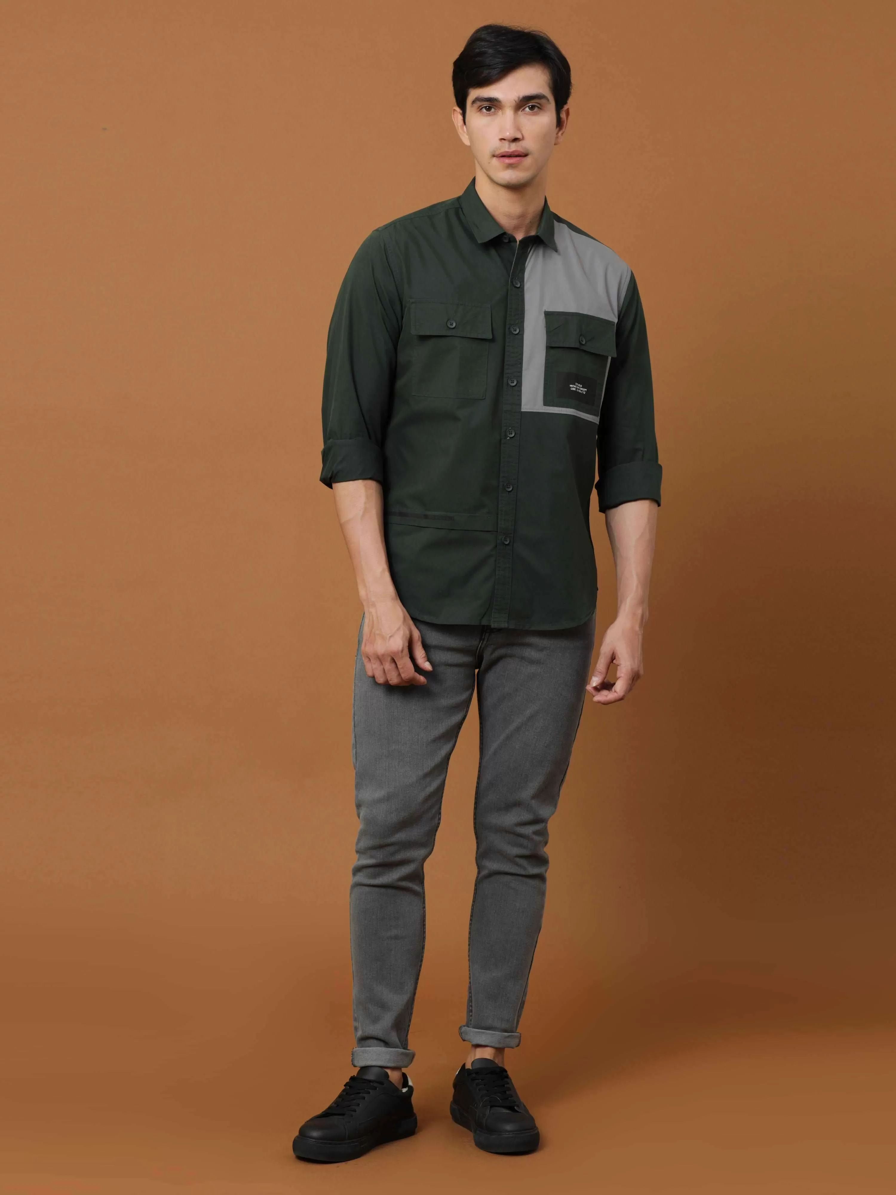 Bottle Green Contrast Patch Cargo Full Sleeve Shirt