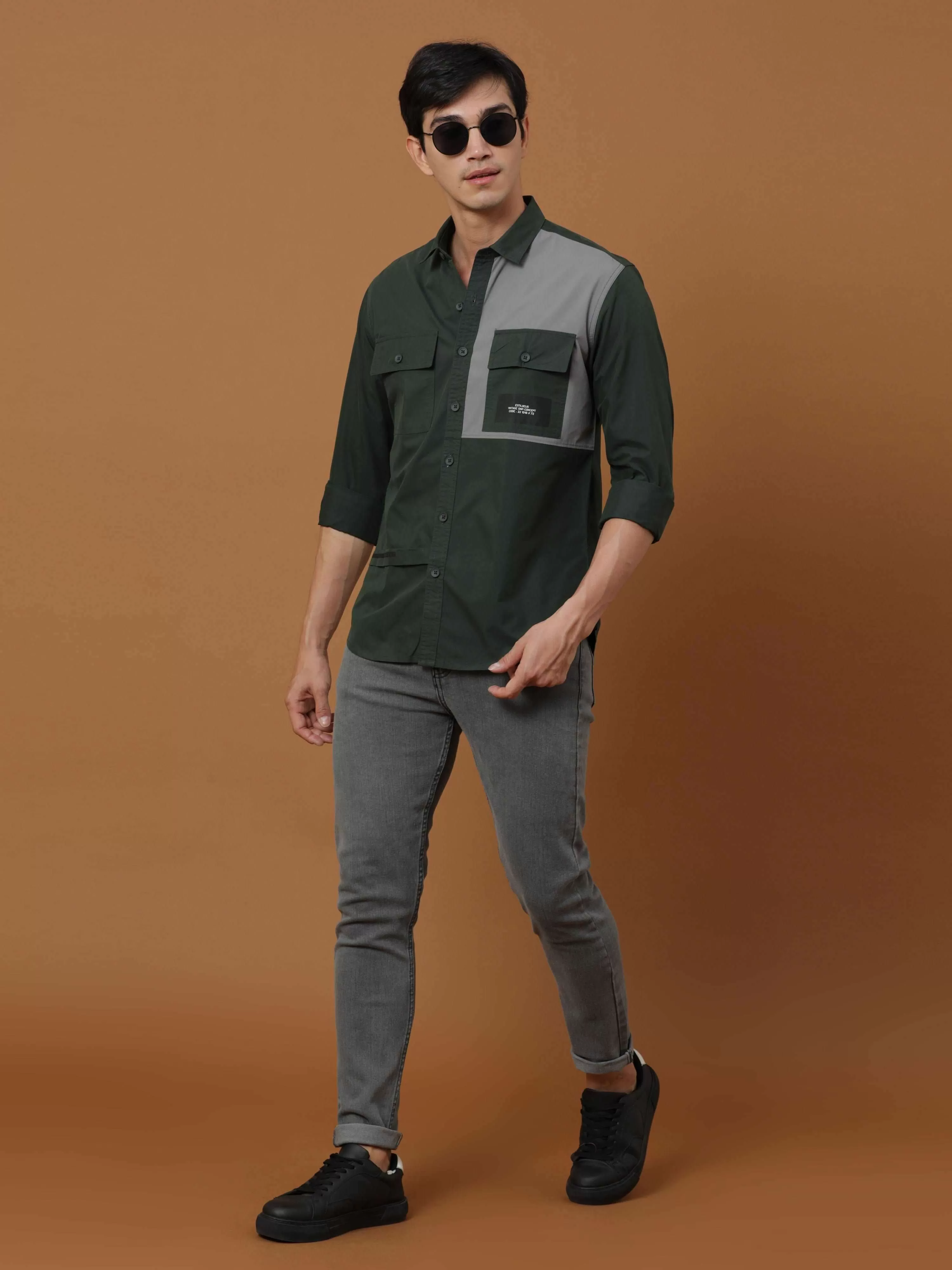 Bottle Green Contrast Patch Cargo Full Sleeve Shirt