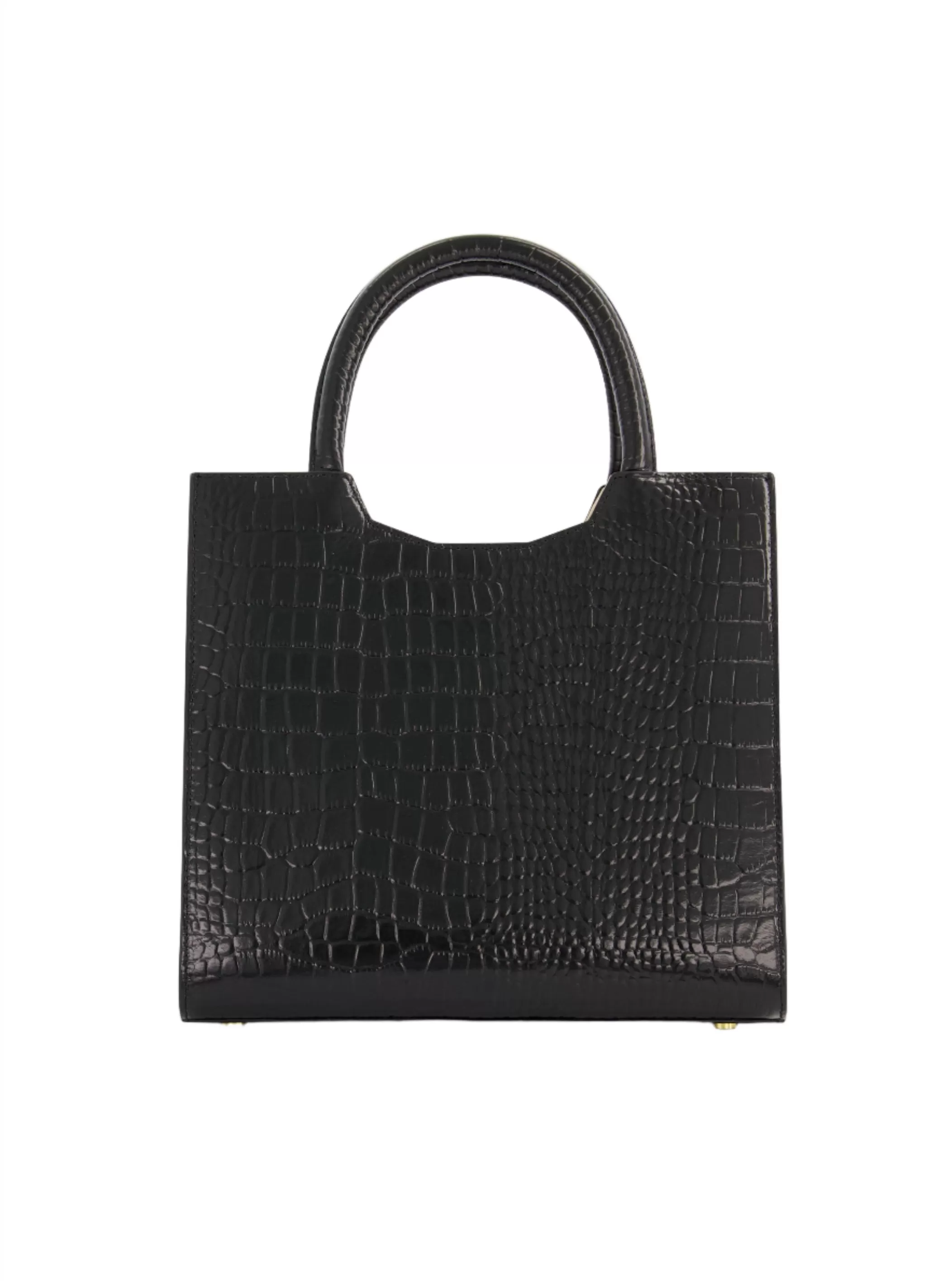 Buckled Medium Croco Black Leather Tote Bag with Detachable Strap