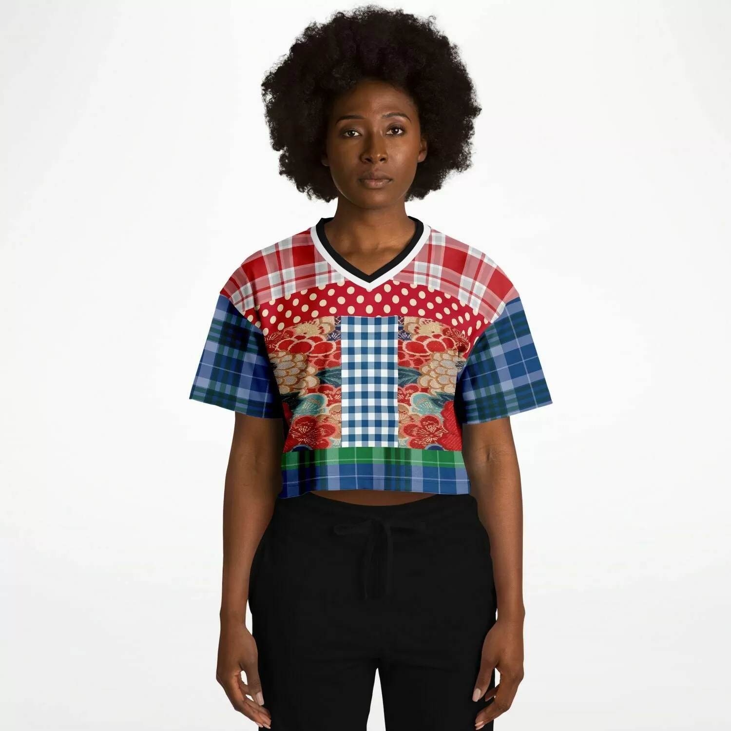 Busan Fleur Floral Plaid Patchwork Crop Jersey