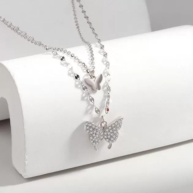 Butterfly Pendant Double Layer Necklace in Sterling Silver