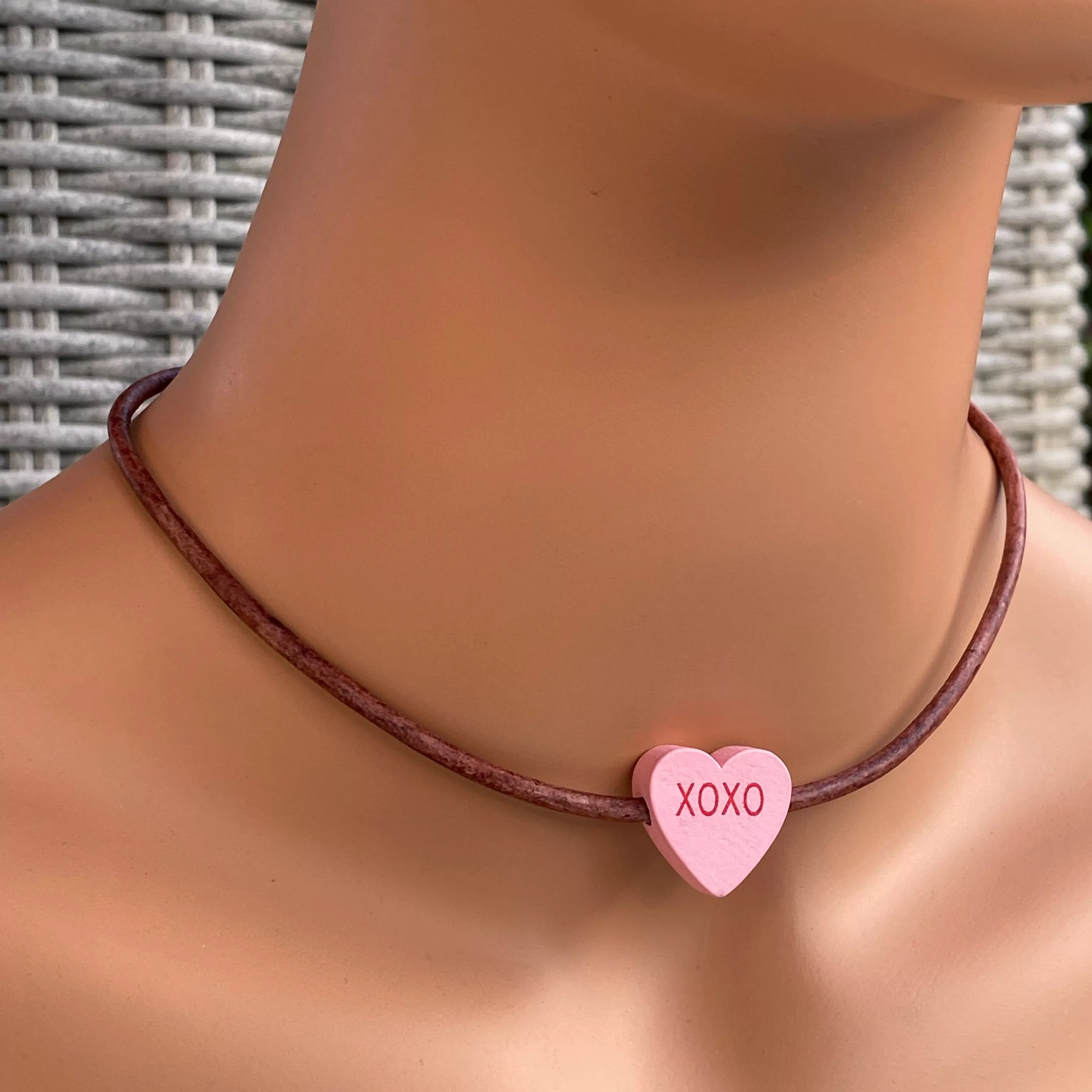 Candy Heart Valentine's Phrase Leather Necklace