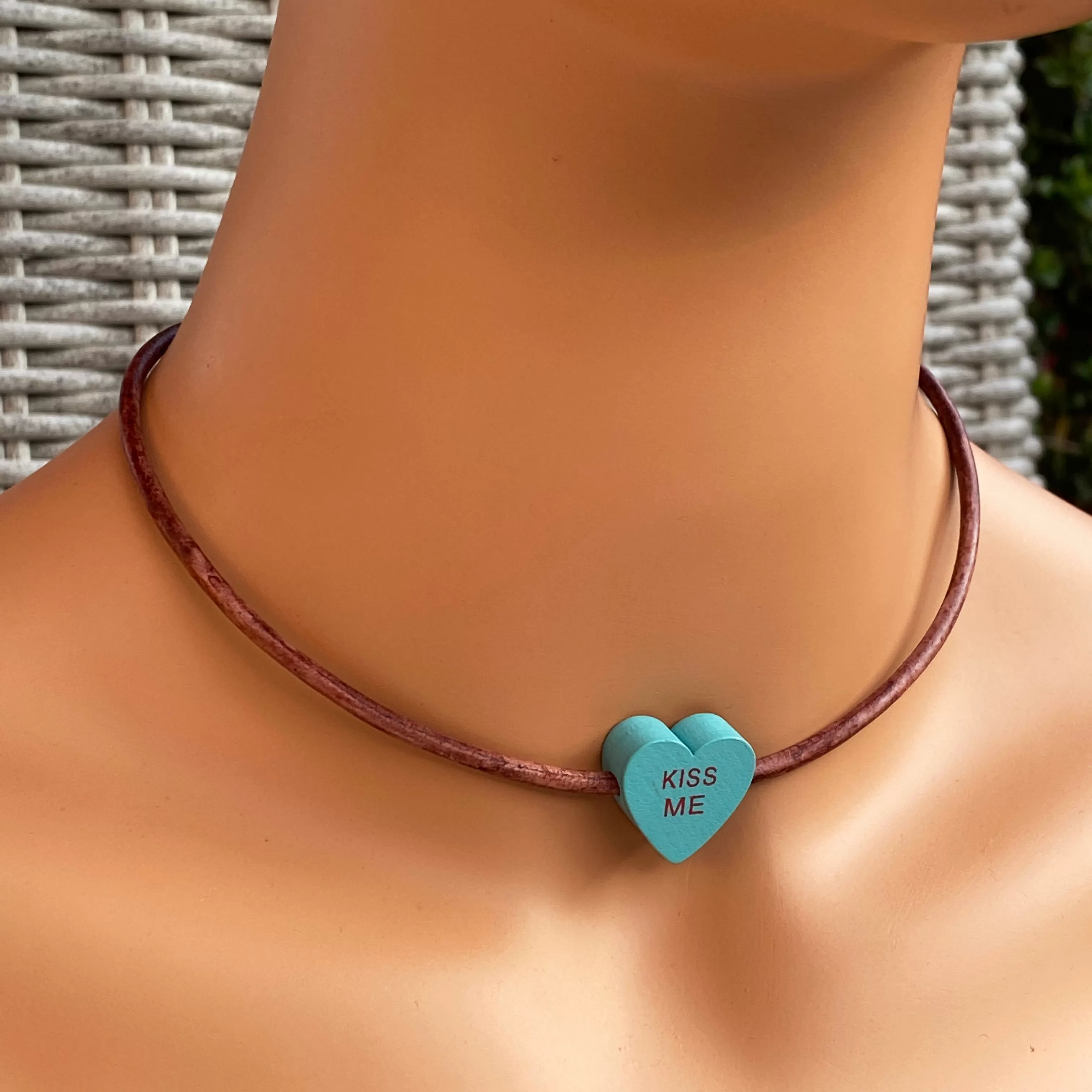 Candy Heart Valentine's Phrase Leather Necklace