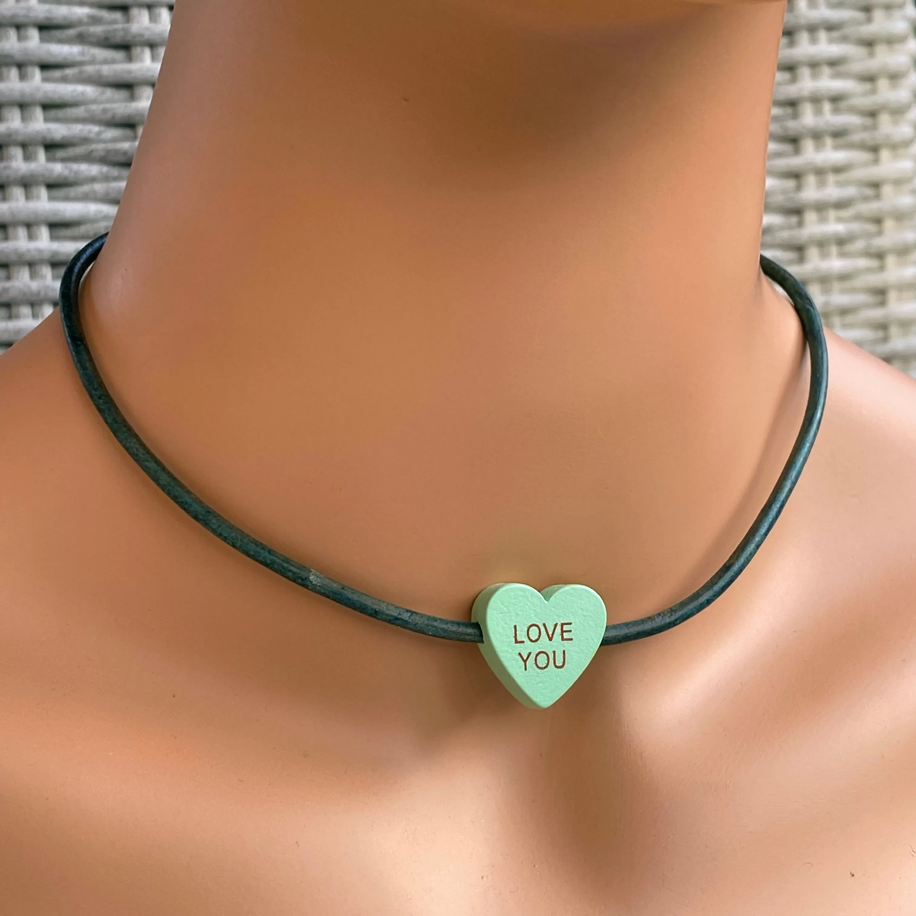 Candy Heart Valentine's Phrase Leather Necklace