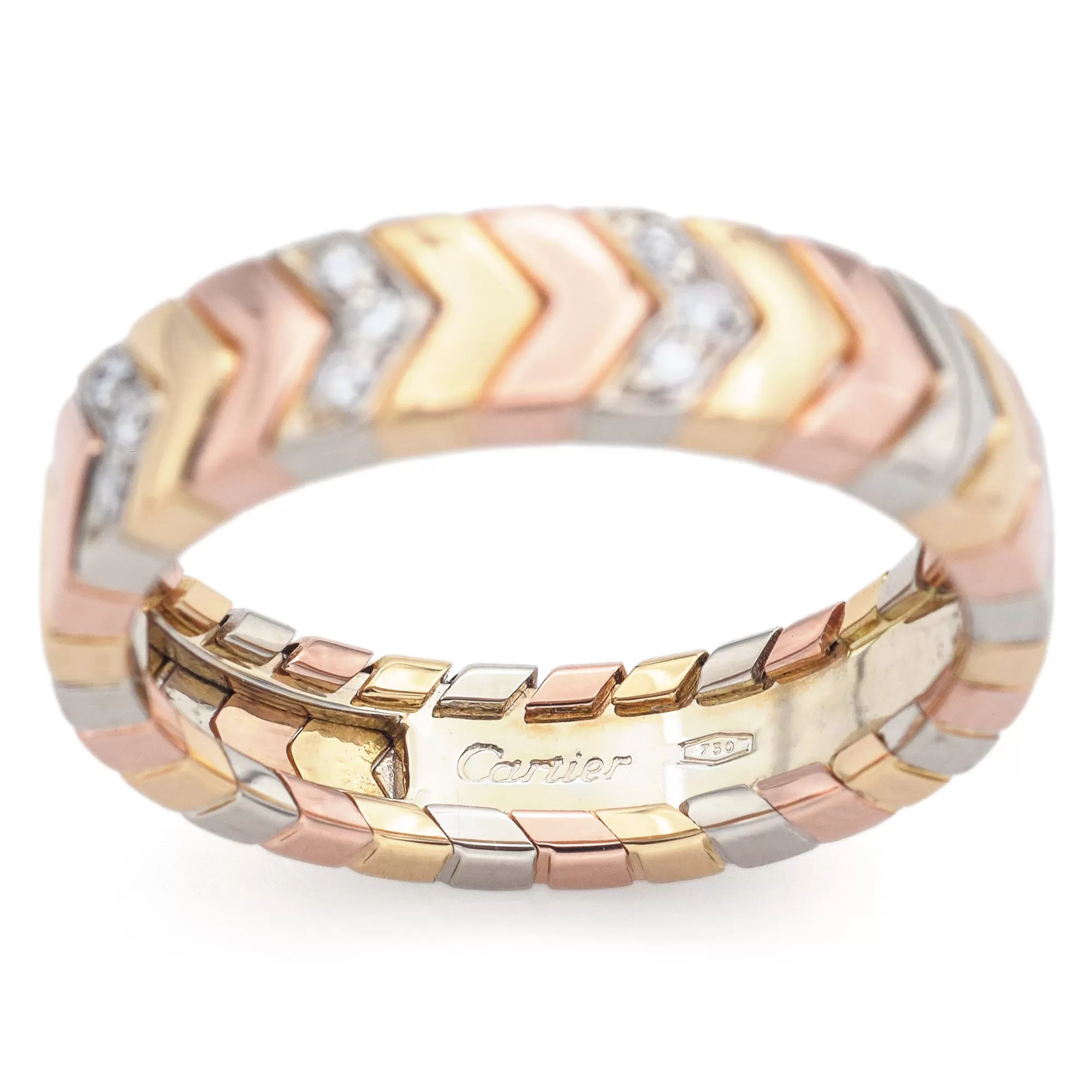 Cartier Chevron Diamond 18K Multi-Tone Gold Band Ring Size 53