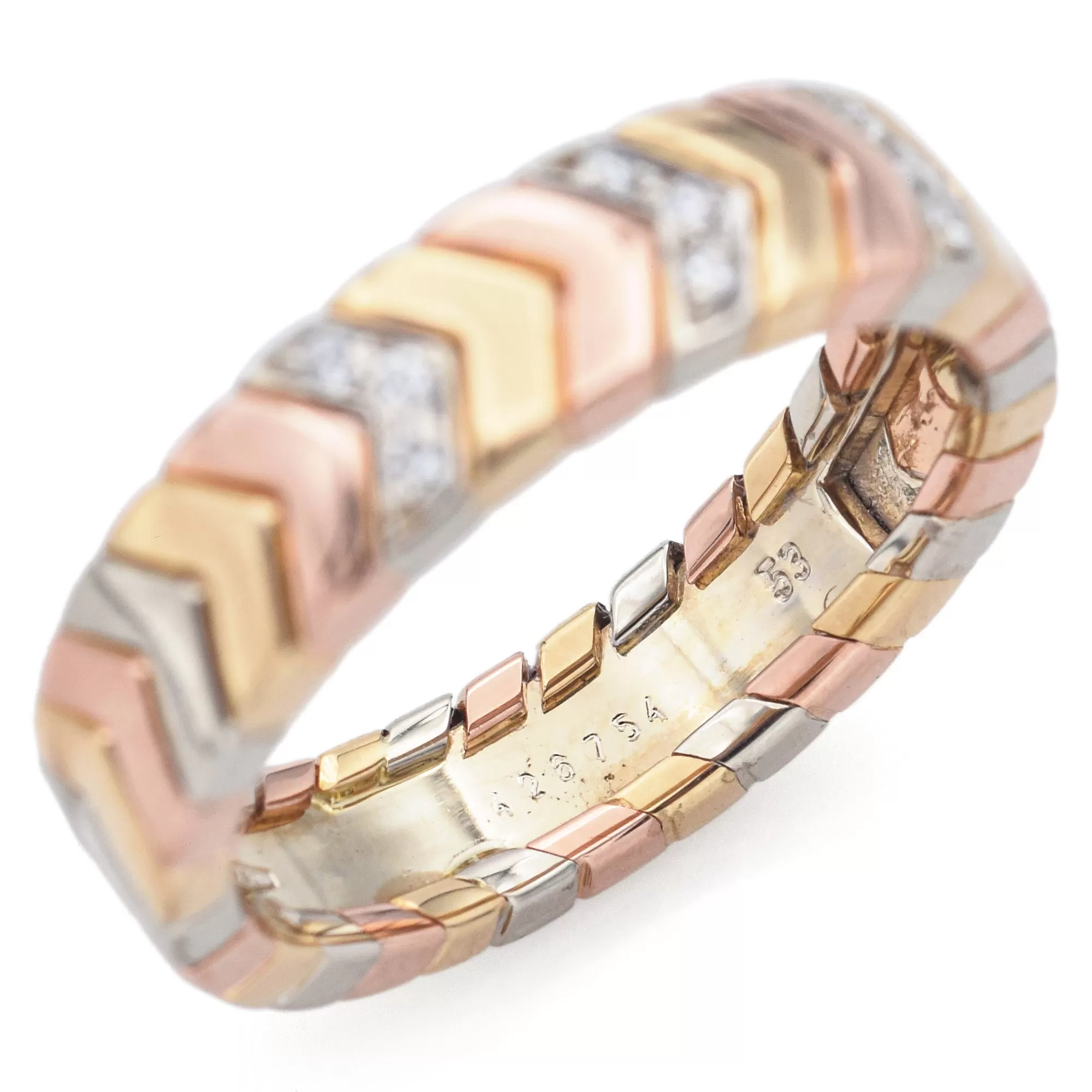 Cartier Chevron Diamond 18K Multi-Tone Gold Band Ring Size 53