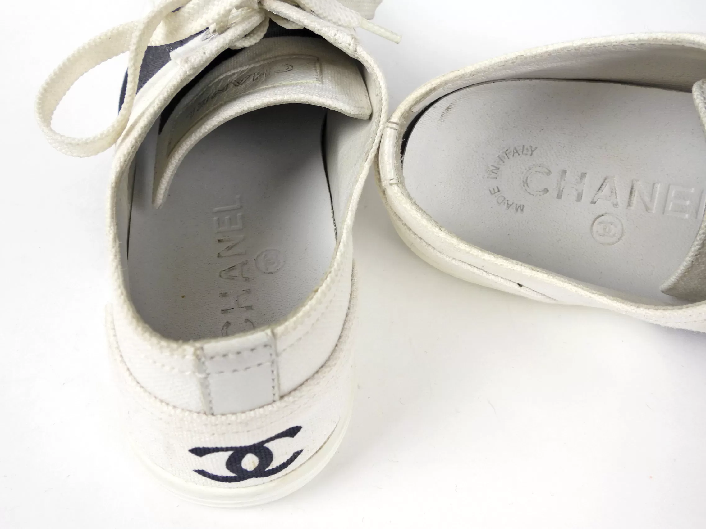 Chanel White and Black Stripe Canvas Flat Sneakers - 36