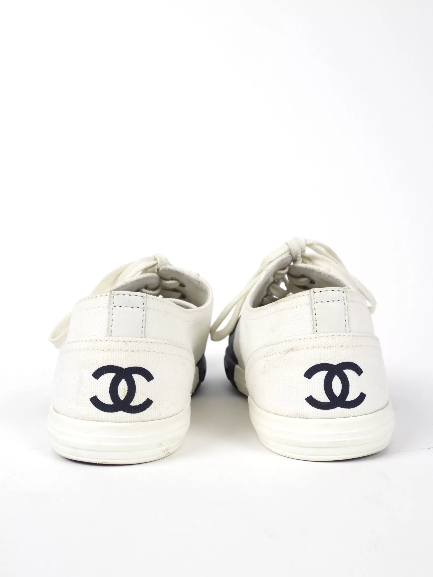 Chanel White and Black Stripe Canvas Flat Sneakers - 36