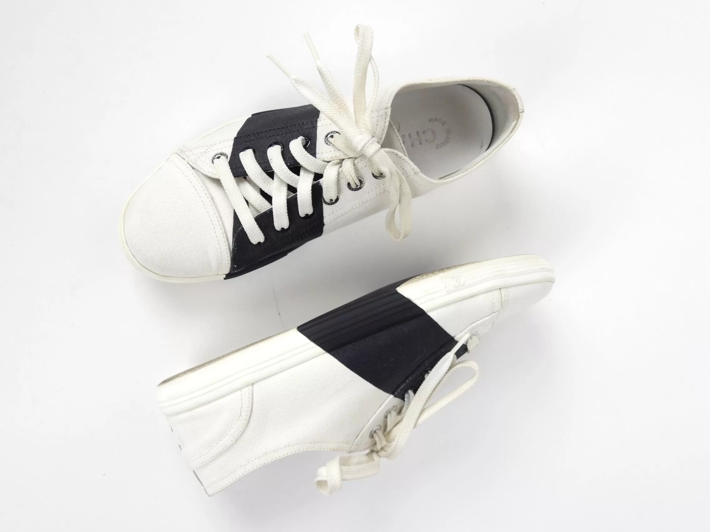 Chanel White and Black Stripe Canvas Flat Sneakers - 36