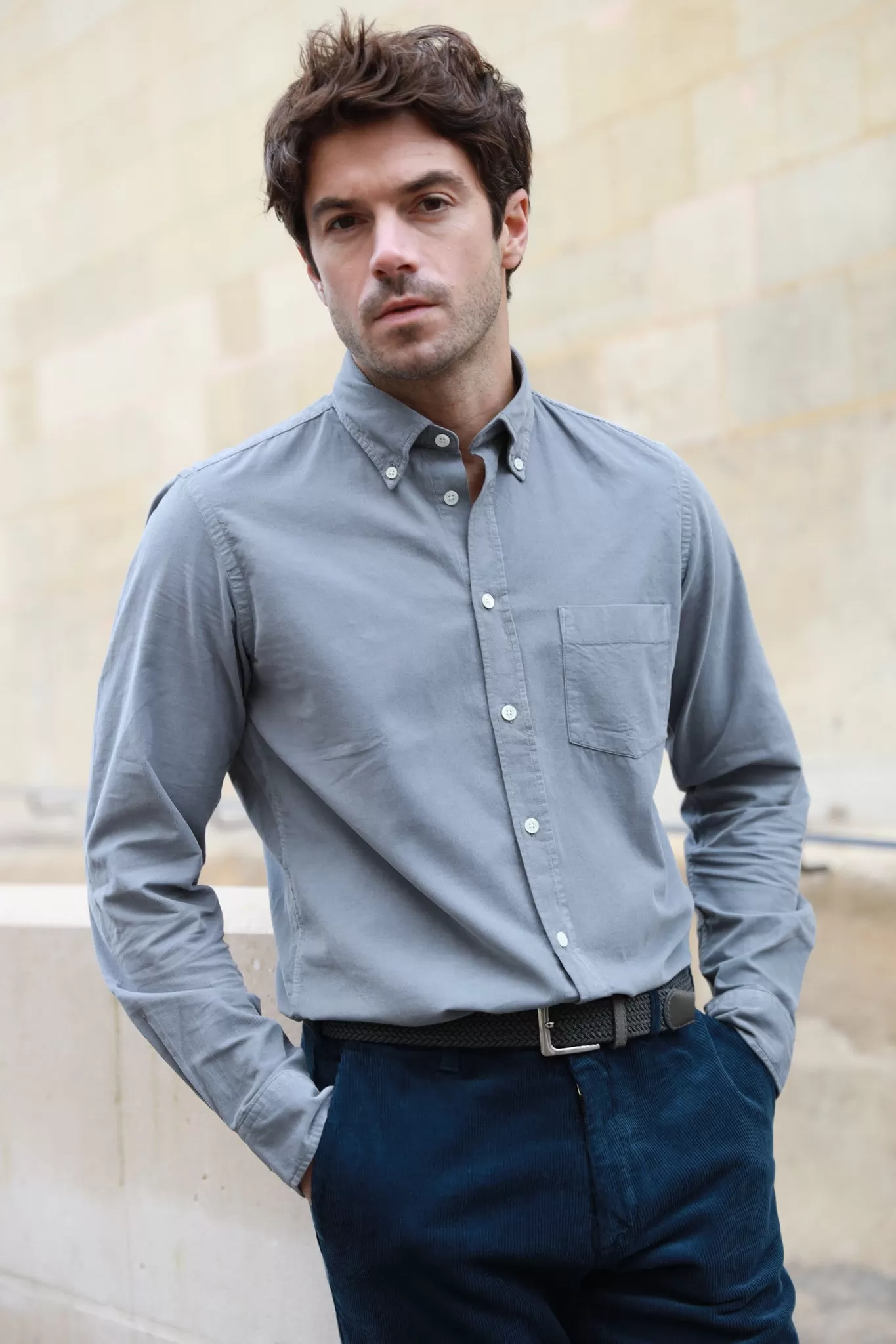 Chemise Clovis col boutonné en velours - Gris