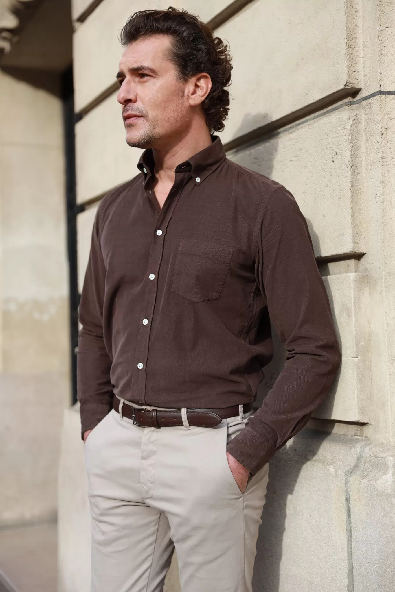 Chemise Clovis col boutonné en velours - Marron