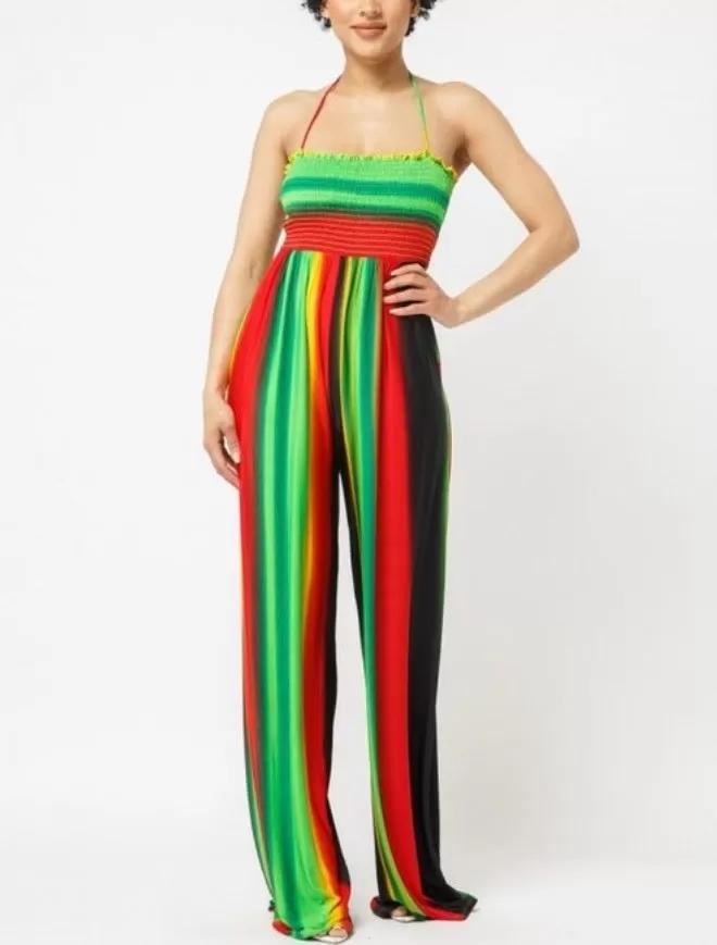 COLOR SPLASH JUMPSUIT JAMAICAN JUNETEENTH  COLORED BACKLESS JUMPSUIT ROMPER