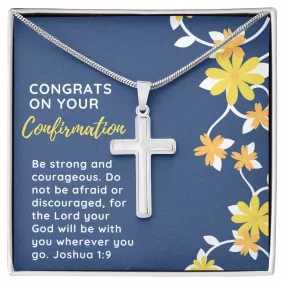 Confirmation Gift for Her, May Be Strong and Courageous Stainless Steel Cross Necklace