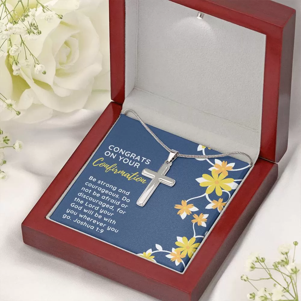 Confirmation Gift for Her, May Be Strong and Courageous Stainless Steel Cross Necklace