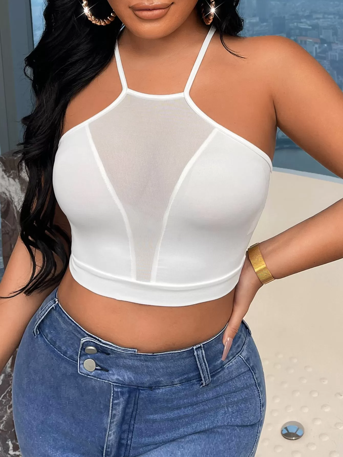 Contrast Mesh Criss Cross Back Cami Top