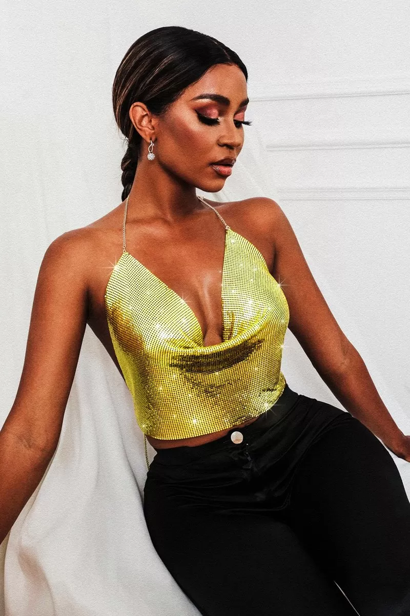 Cowl Neck Halter Metal Crop Top