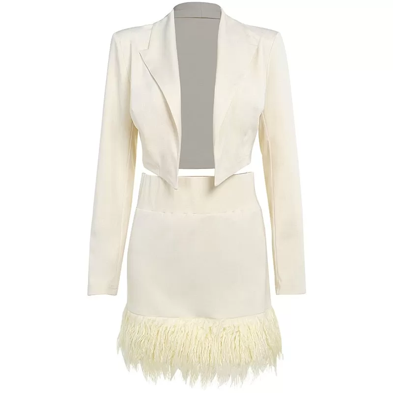 Crop Blazer And Feather Skirt