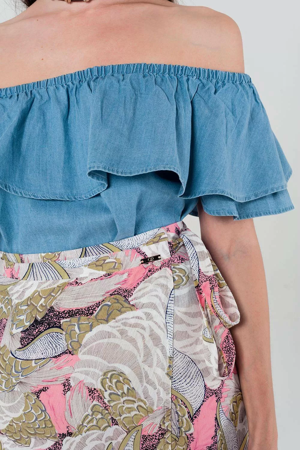 Denim Off Shoulder Ruffle Crop Top