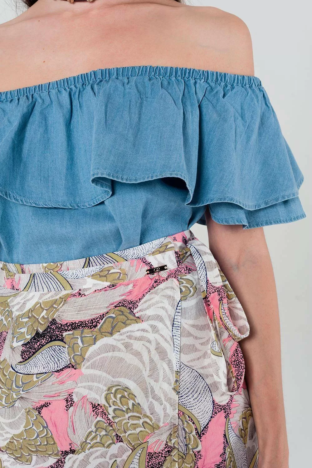 Denim Off Shoulder Ruffle Crop Top