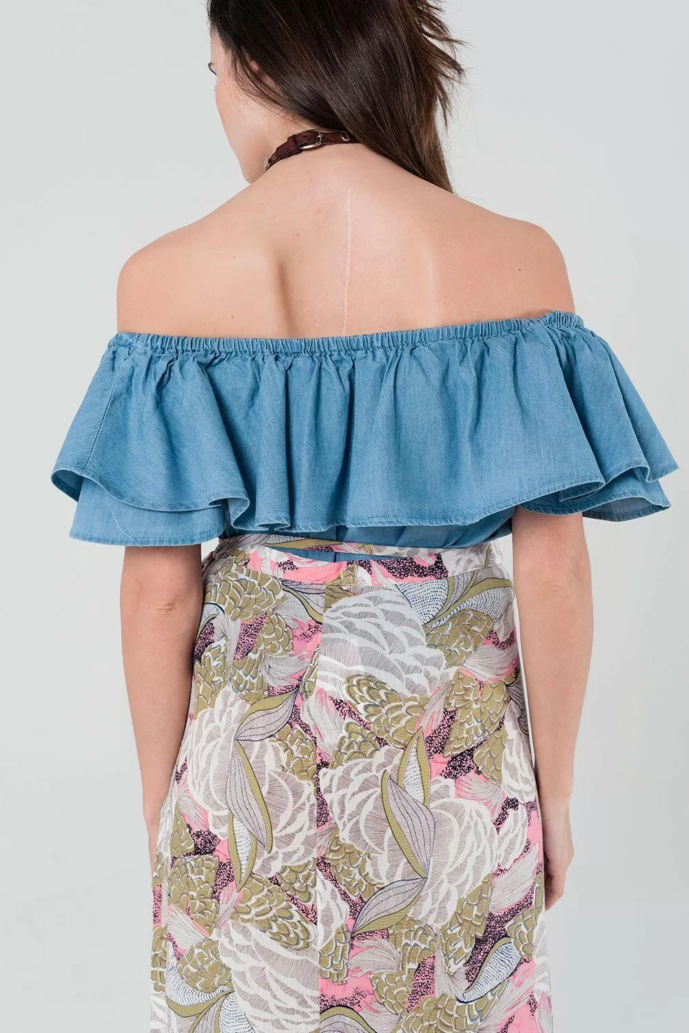 Denim Off Shoulder Ruffle Crop Top