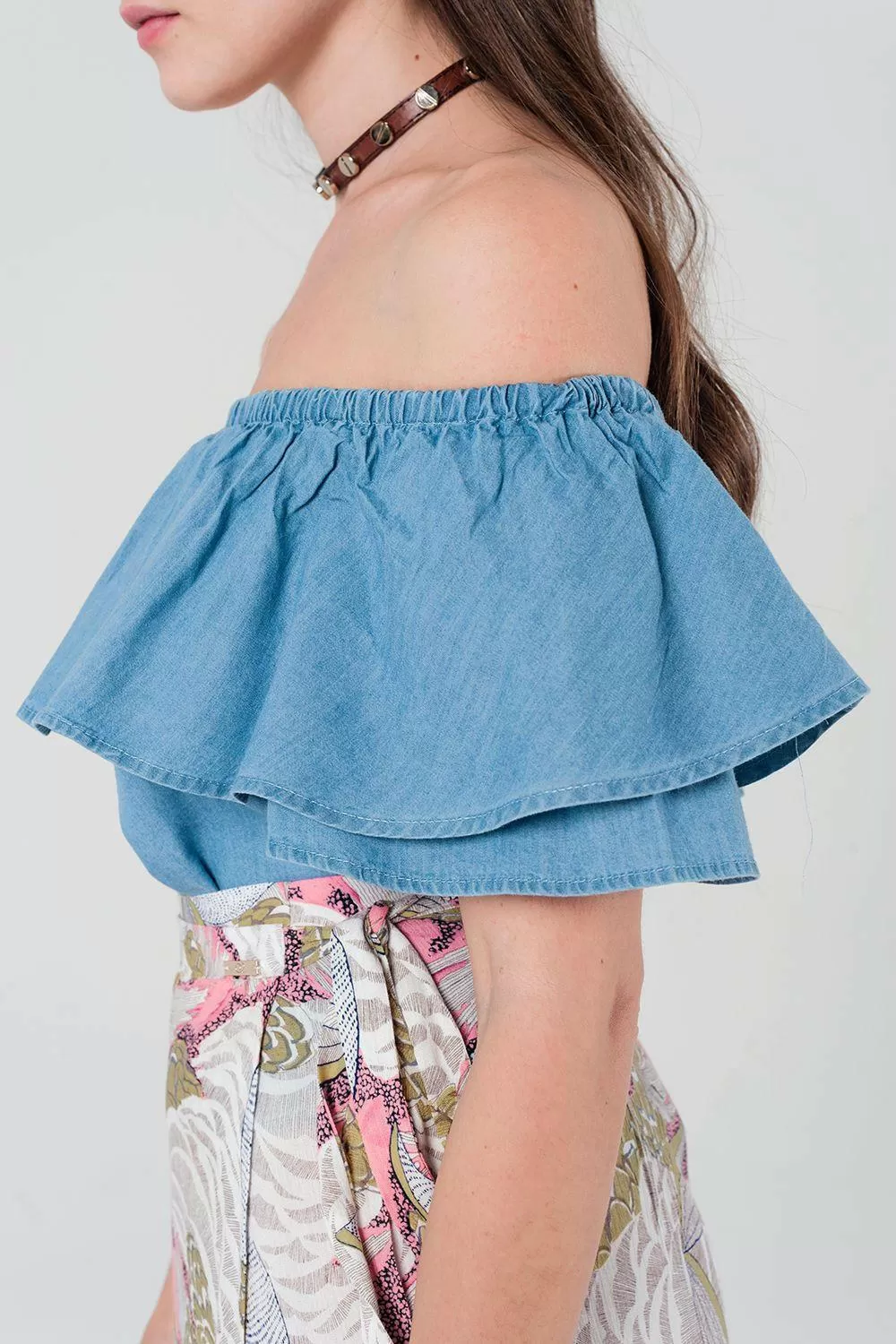 Denim Off Shoulder Ruffle Crop Top