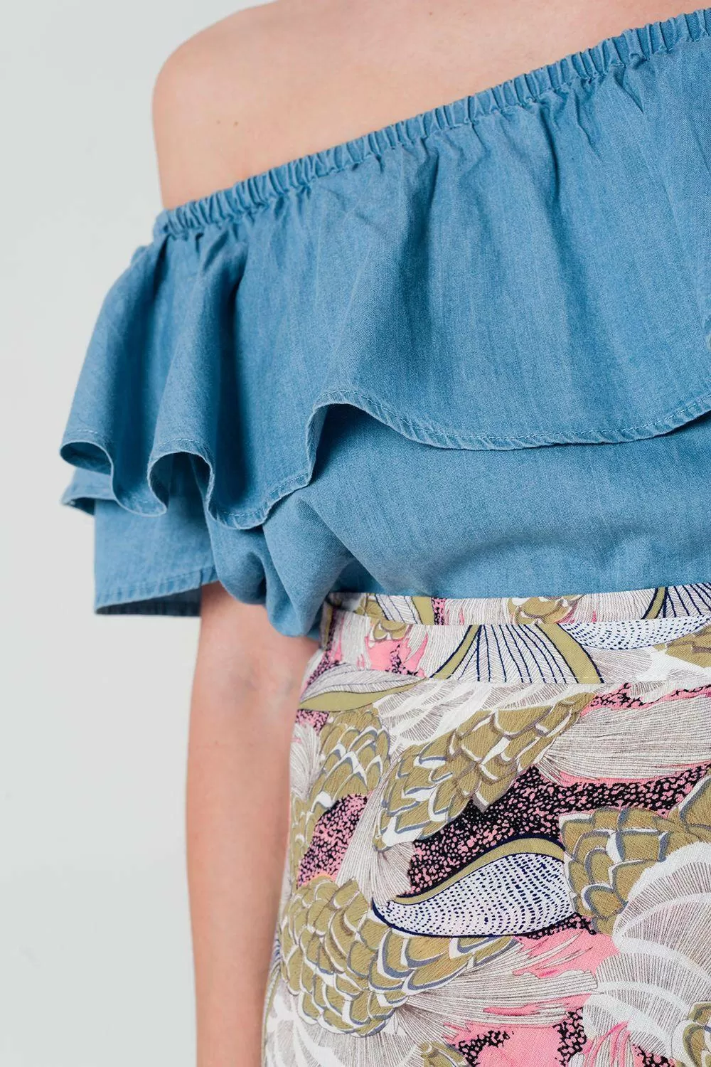 Denim Off Shoulder Ruffle Crop Top