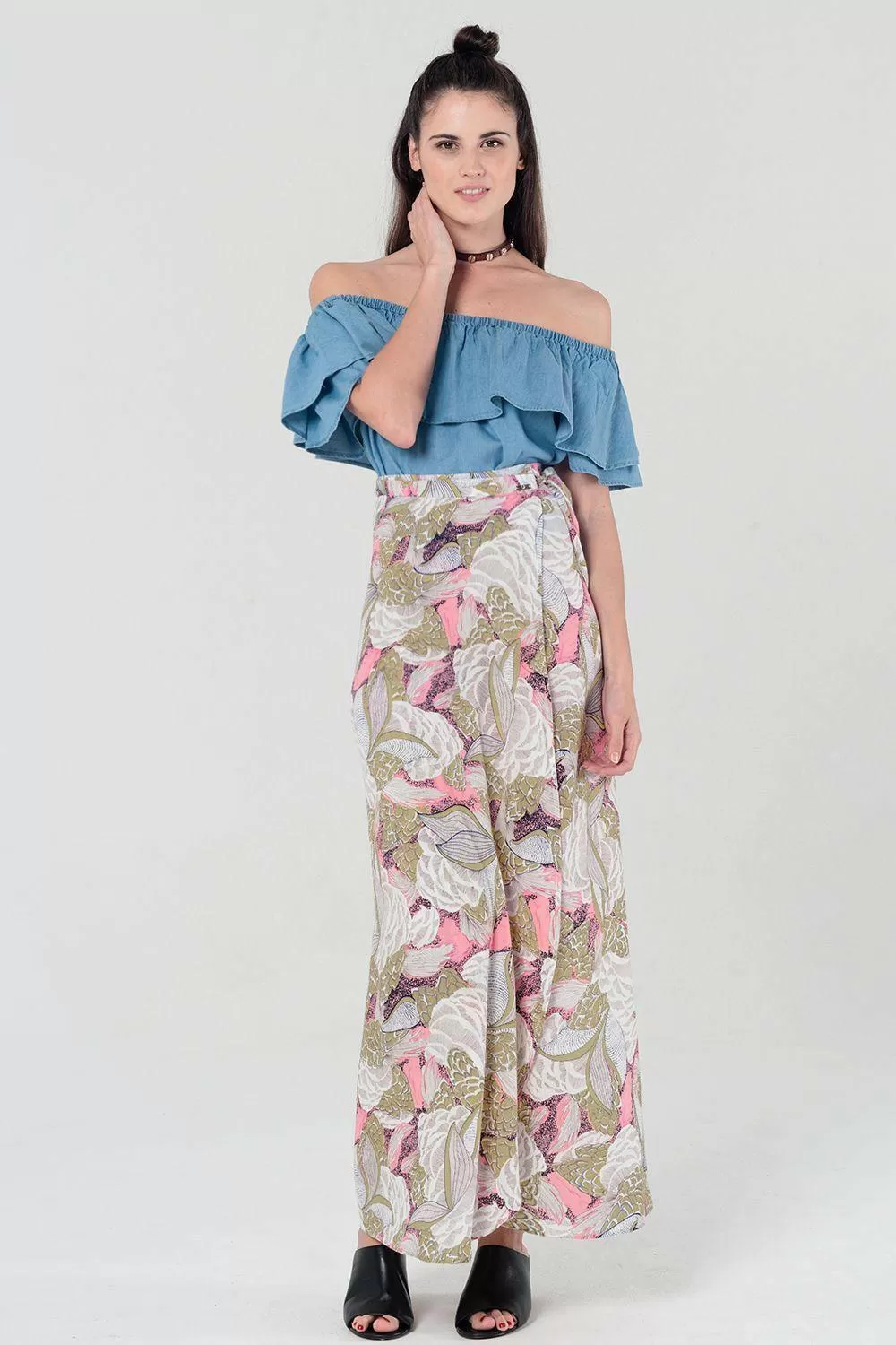 Denim Off Shoulder Ruffle Crop Top