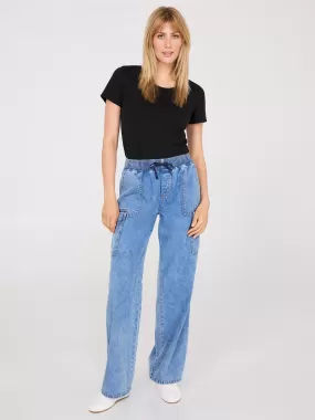 Denim Wide-Leg Cargo Pants