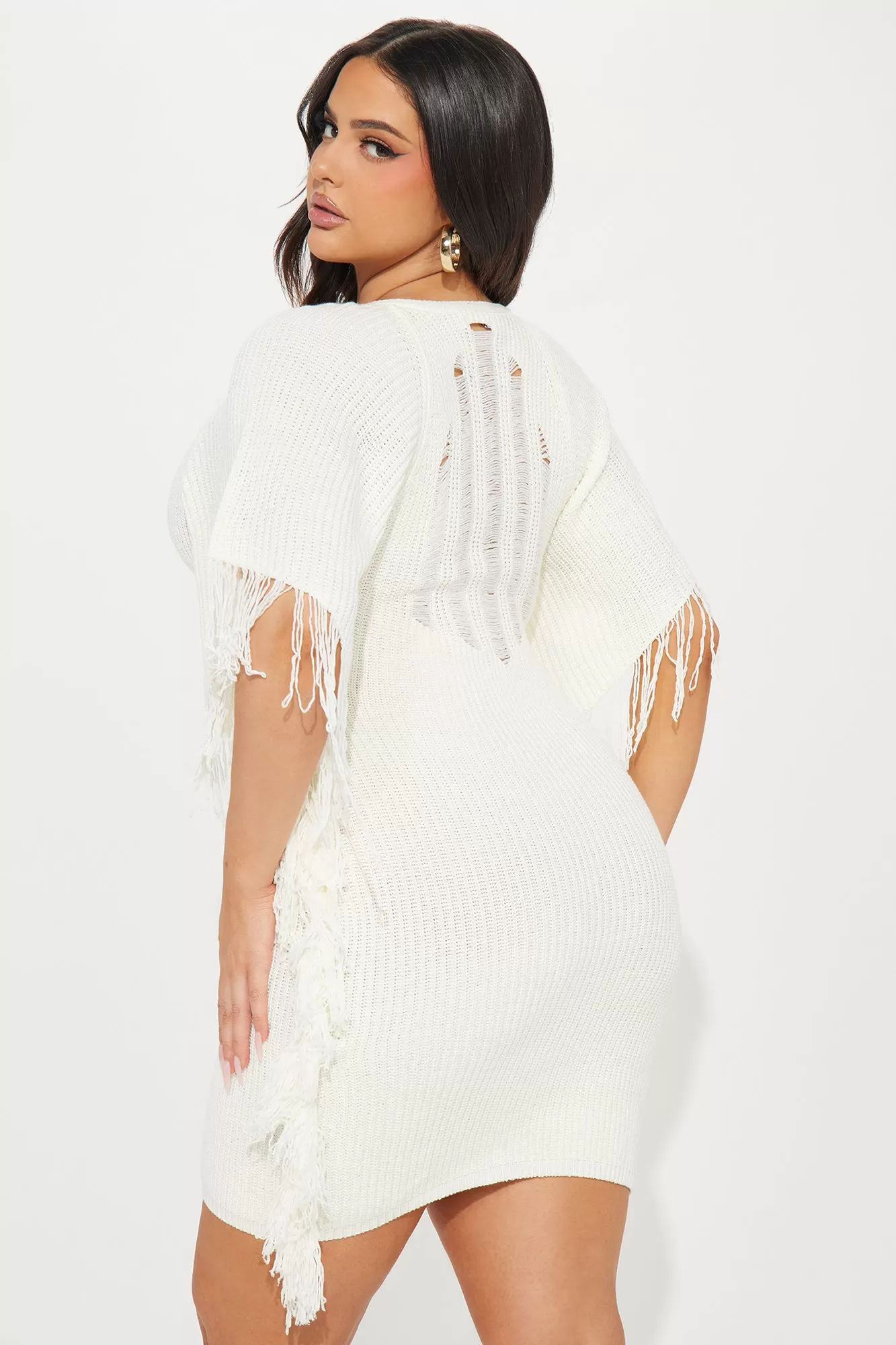 Dia Knit Solid Fringe Mini Dress - White