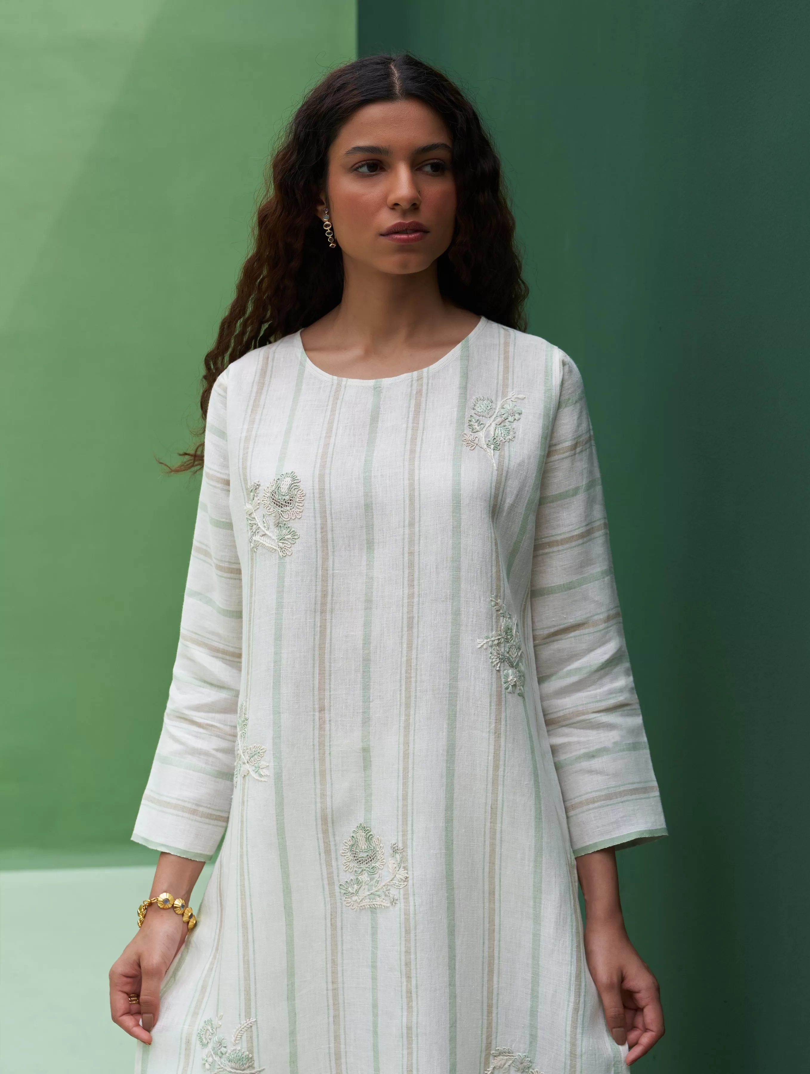 Eiko Striped Linen Kurta Set - Mint