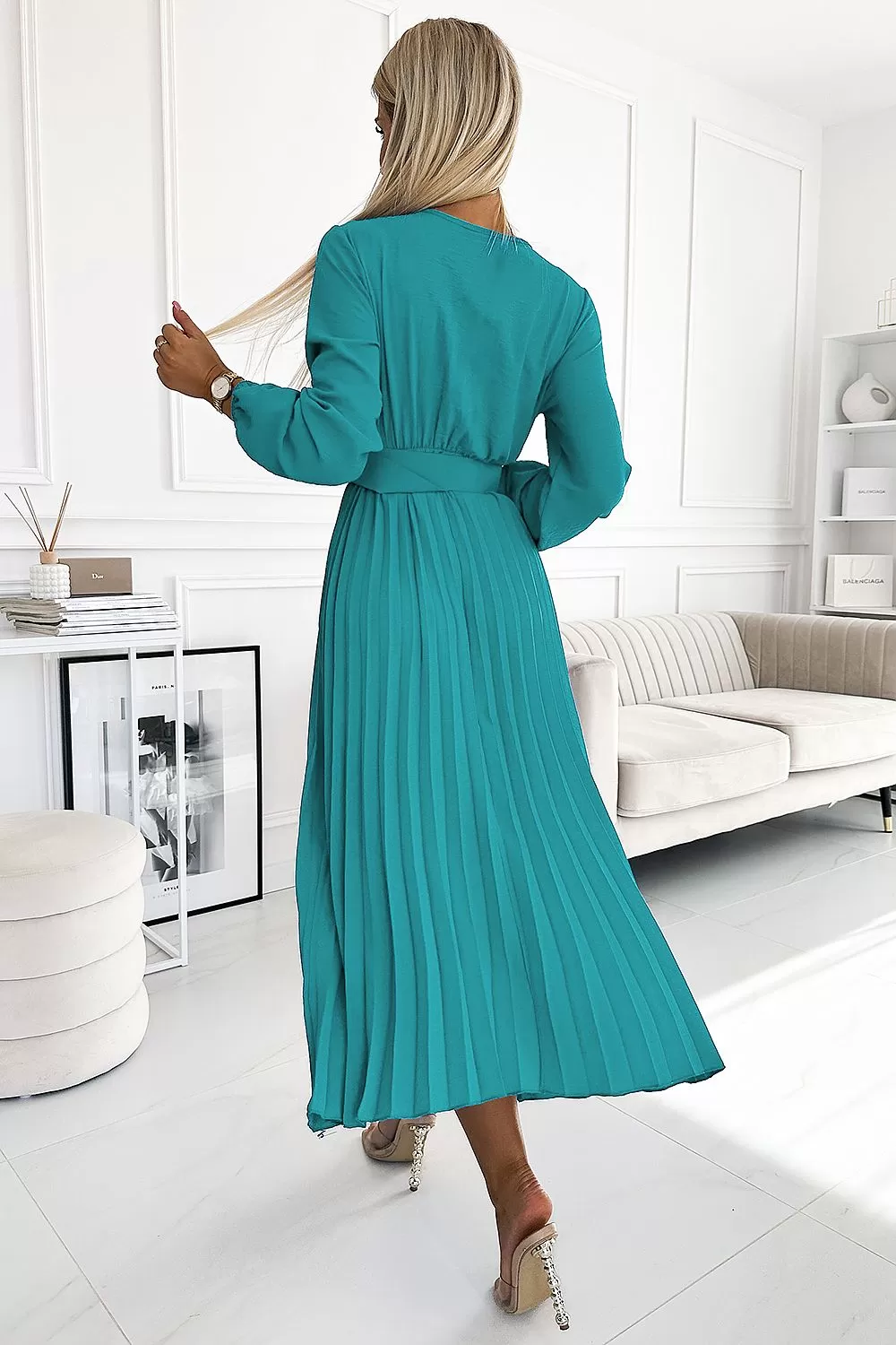 Elegant Marine Midi Cocktail Dress With Pleated Design And Wide Belt