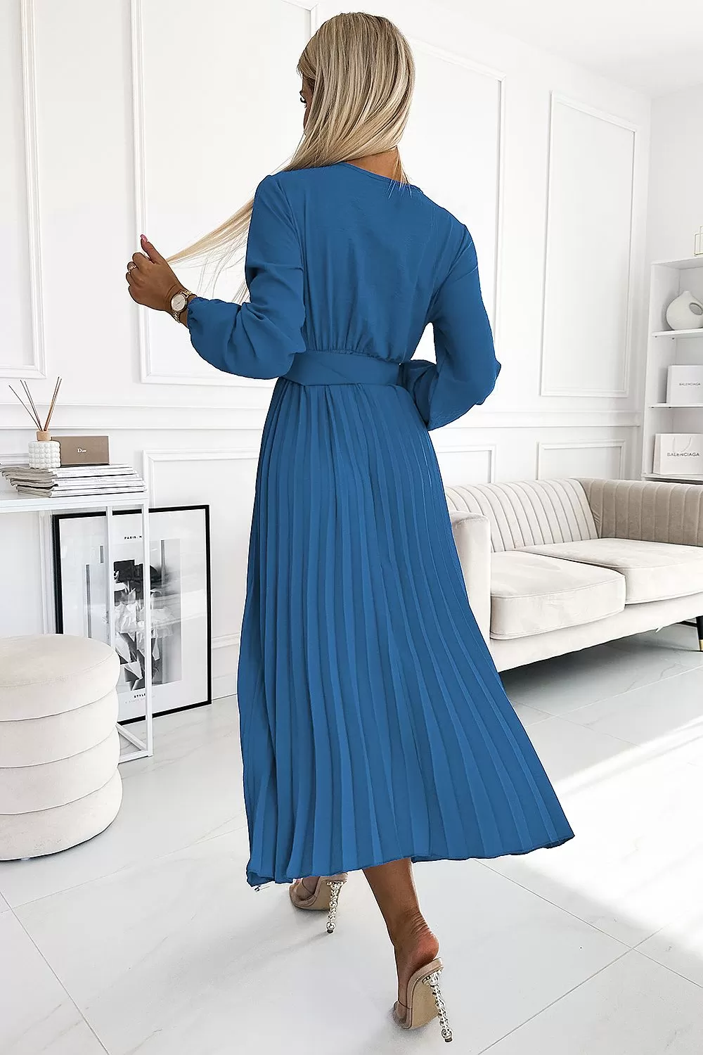 Elegant Marine Midi Cocktail Dress With Pleated Design And Wide Belt