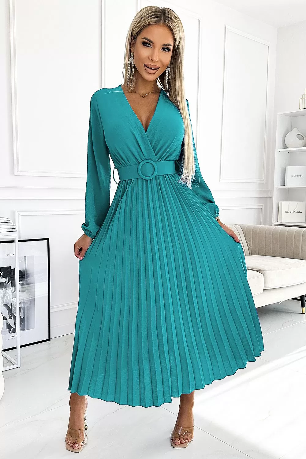 Elegant Marine Midi Cocktail Dress With Pleated Design And Wide Belt