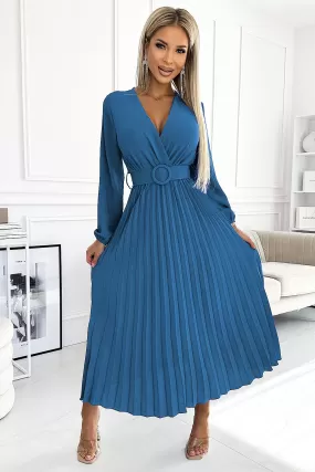 Elegant Marine Midi Cocktail Dress With Pleated Design And Wide Belt