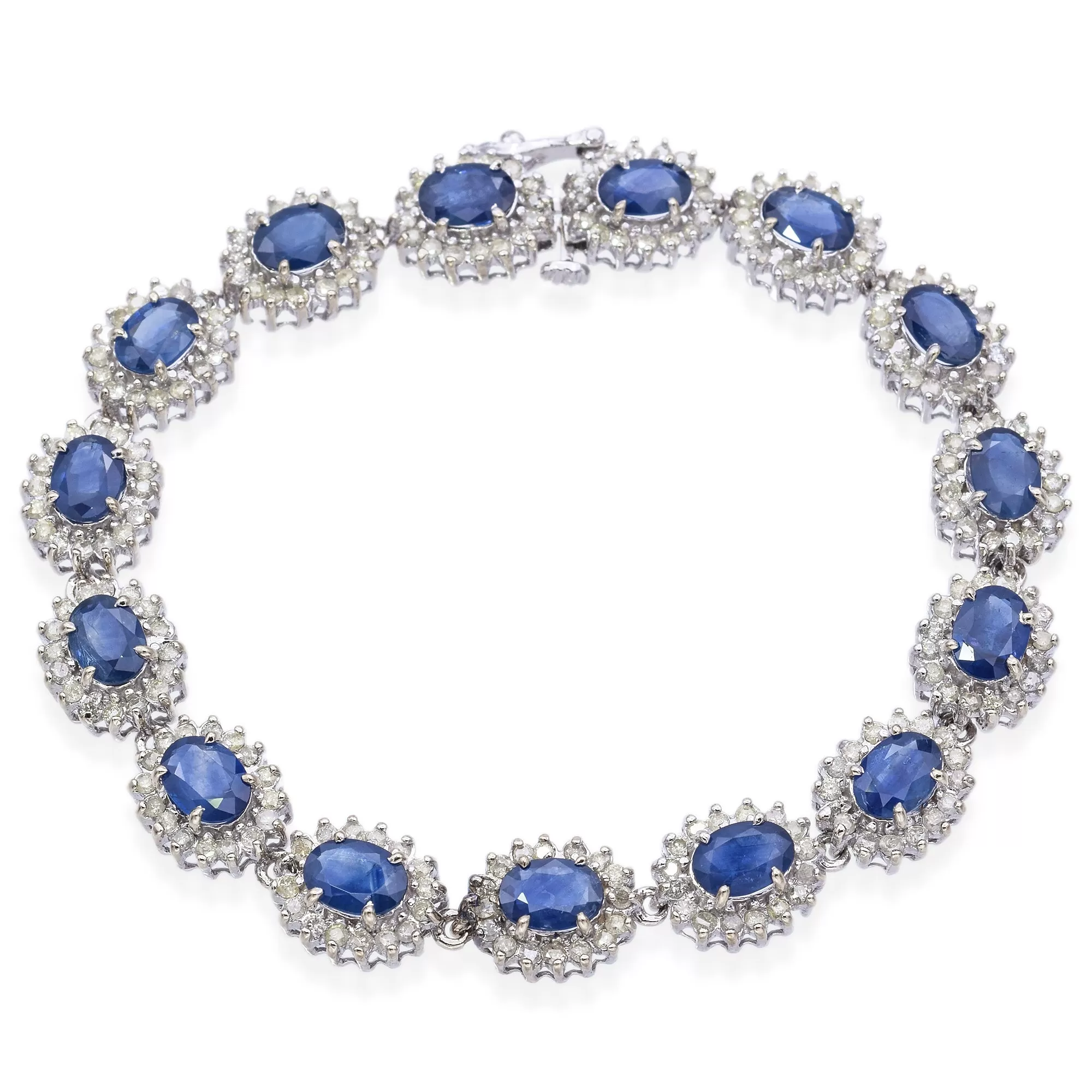 Estate 14K White Gold Sapphire & 2.40 TCW Diamond Oval Link Tennis Bracelet