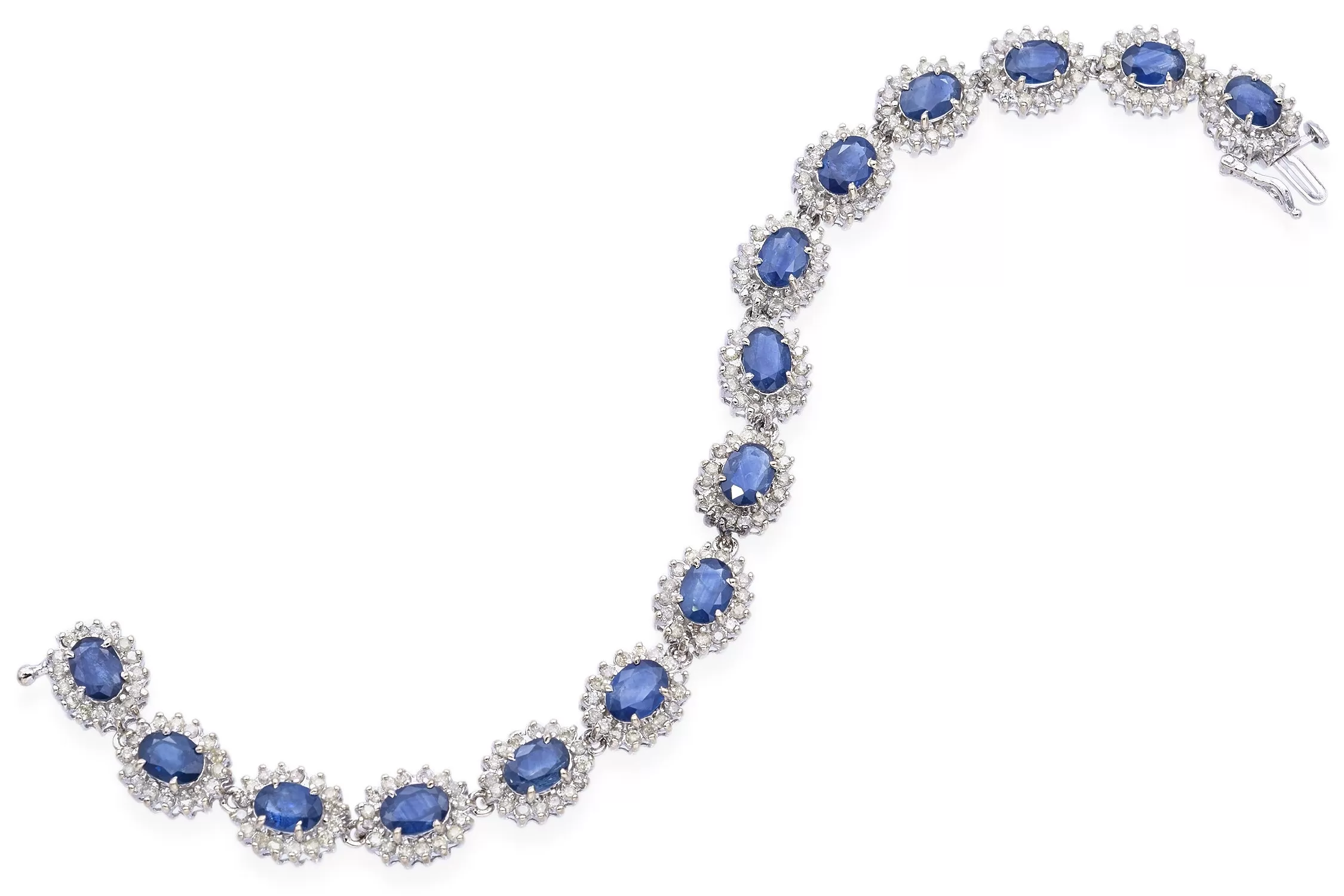 Estate 14K White Gold Sapphire & 2.40 TCW Diamond Oval Link Tennis Bracelet