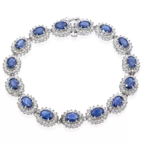 Estate 14K White Gold Sapphire & 2.40 TCW Diamond Oval Link Tennis Bracelet