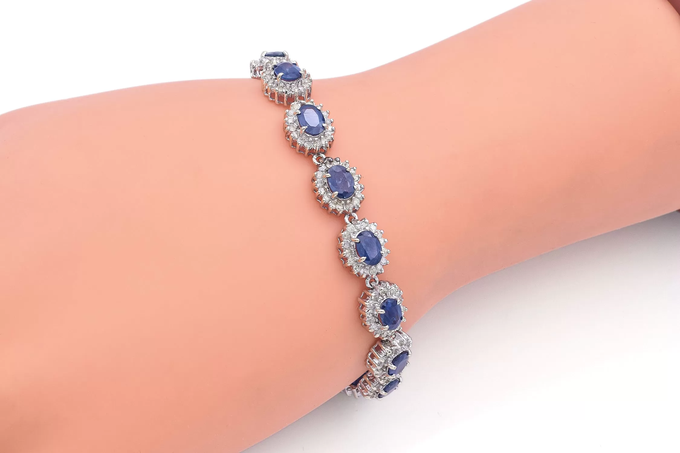 Estate 14K White Gold Sapphire & 2.40 TCW Diamond Oval Link Tennis Bracelet