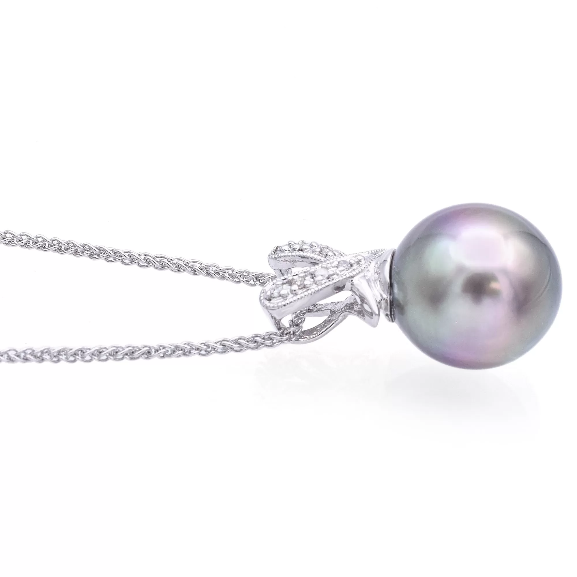 Estate 18K White Gold South Sea Pearl and Diamond Pendant on 14K Gold Necklace