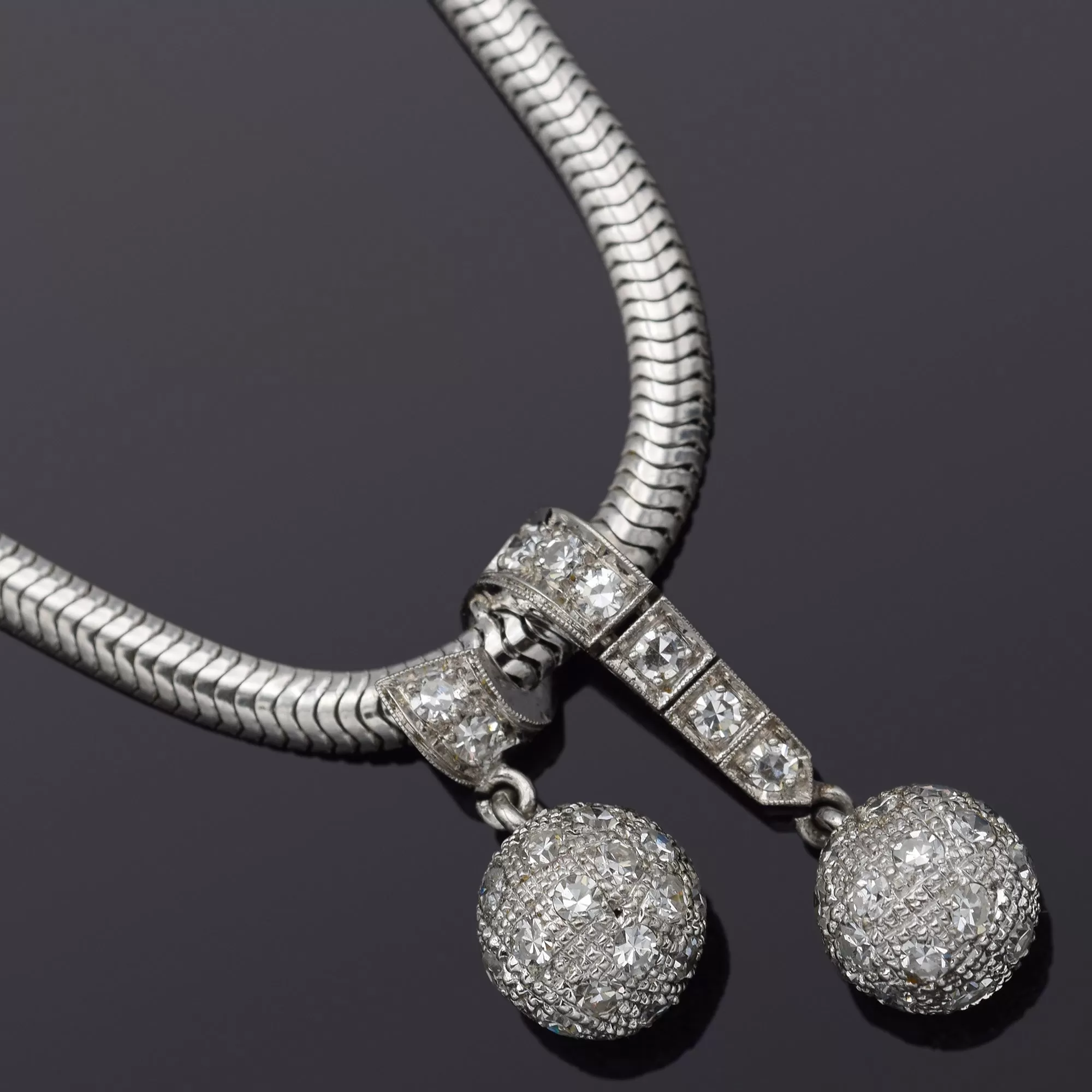 Estate Platinum 2.12 TCW Diamond Ball Pendant on 14K Gold Snake Chain Necklace