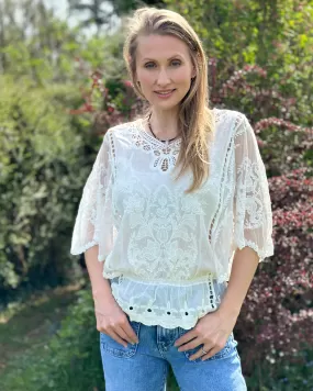 Floral Lace Butterfly Sleeve Top - Ivory