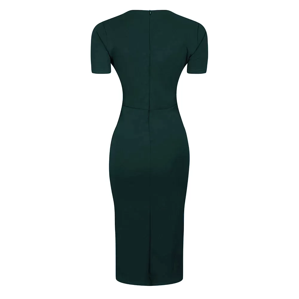 Forest Green Short Sleeve Deep V Neck Bodycon Midi Dress