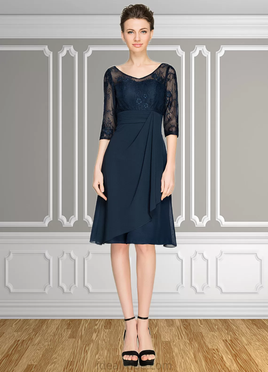 Gill A-Line V-neck Knee-Length Chiffon Lace Mother of the Bride Dress With Cascading Ruffles STK126P0014695