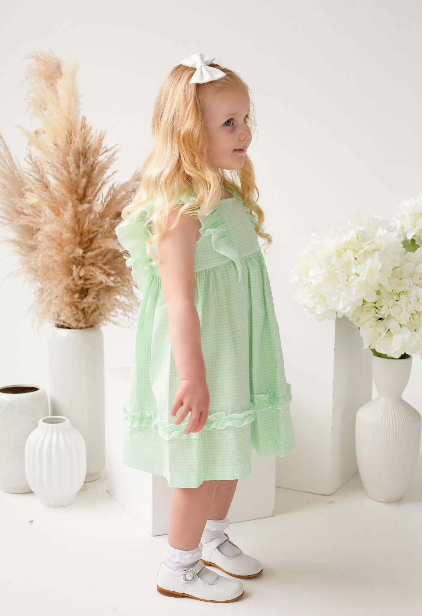 Girls Babidu Green and White Gingham Dress